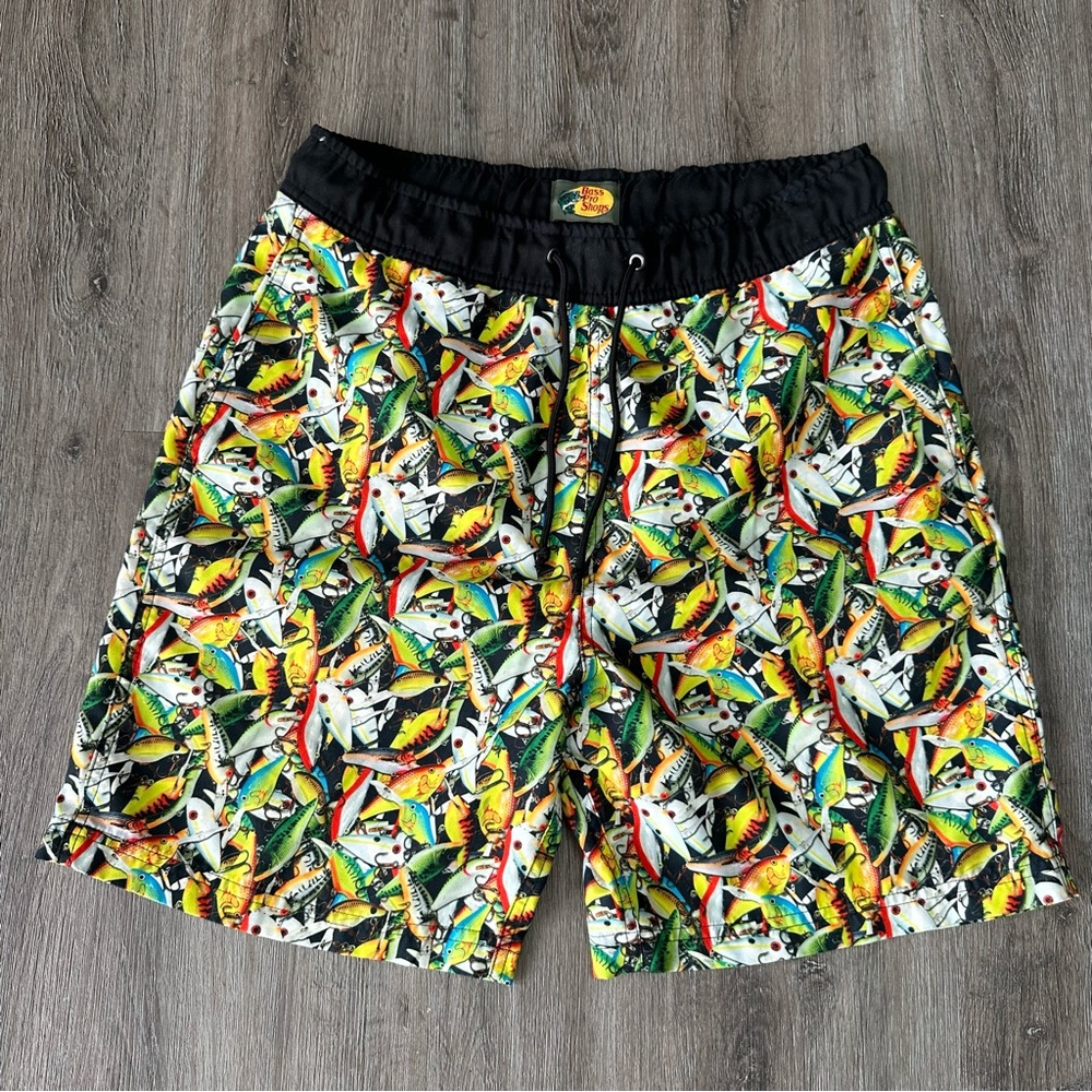 Bass Pro Shops fishing lure all over print black yellow green red swim trunks